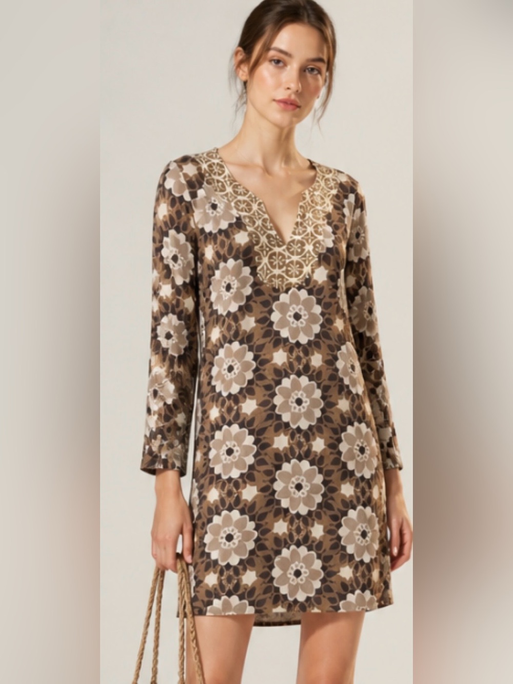 BODEN Retro Jersey Floral Tunic Dress Shift V Neck 3/4 Sleeves Brown Sz 4